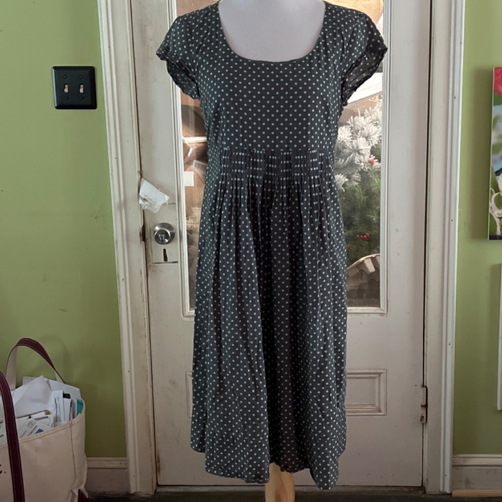 Garnet Hill Cotton Dress Size 4 Green-Gray Polka Dot